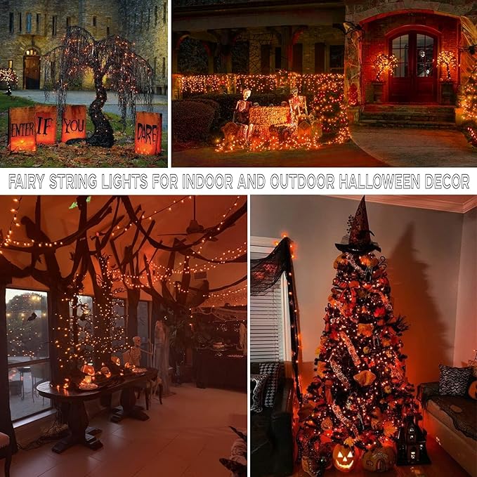 66Ft 200 LED Halloween Fairy Lights Plug in, 8 Modes String Lights with Timer for Outdoor & Indoor, Waterproof Twinkle Lights for Bedroom Garden Party Carnival Supplies Halloween Decorations (Orange)