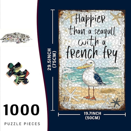 1000 Piece Wooden Jigsaw Puzzle Seagull with French Fry Adults Kids Family Quiet Play Therapy Challenging Anxiety Relief Home Art Decor & Time Killing Focus Tool Gifts 29.5x19.7 Inch