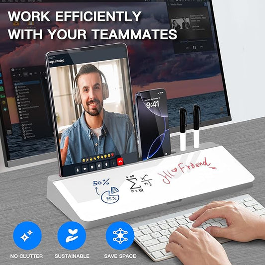 KVY Desk Whiteboard with Storage,Desktop Glass Dry Erase White Board Organizers Supplies with Accessories for Office, Home, School Essentials (Grey)