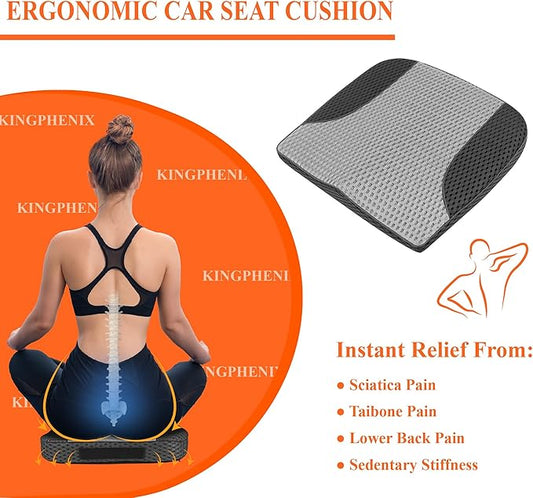 kingphenix Premium Car Seat Cushion, Memory Foam Driver Seat Cushion to Improve Driving View- Coccyx & Lower Back Pain Relief - Seat Cushion for Car, Truck, Office Chair (4D Mesh Gray&Black)