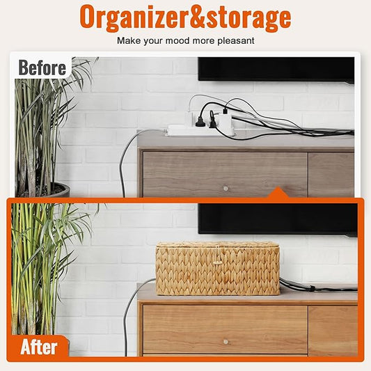 Posprica Cable Management Box with Lid, 2Pack Handwoven Real Water Hyacinth Cord Hider Organizer Boxes, 2 Side Open Slots Storage Box to Hide Cords Power Strip for Desk, Floor, Office