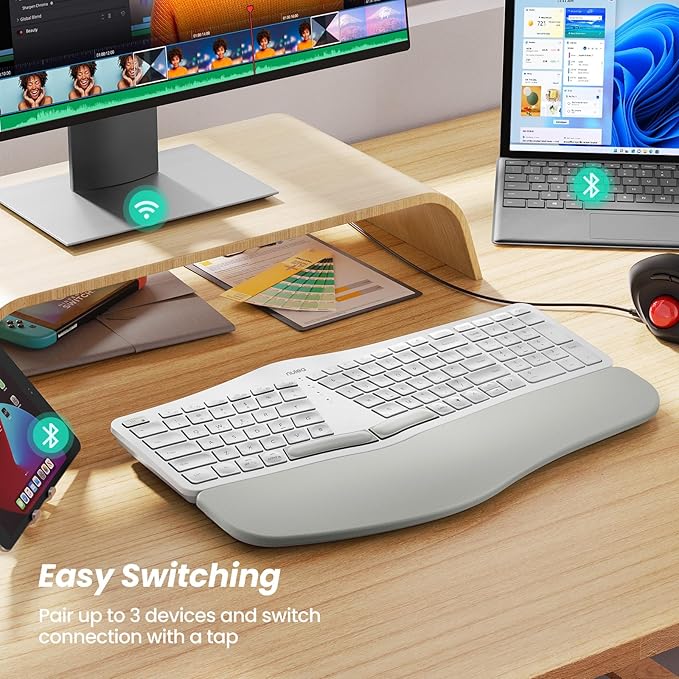 Nulea RT05 Wireless Ergonomic Keyboard, Split Keyboard with Wrist Rest, USB-C Charging, 7-Color Backlight, Natural Typing, Bluetooth and USB Connectivity, Compatible with Windows,Mac