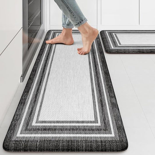 KIMODE Anti Fatigue Kitchen Mat 2PCS,Kitchen Rugs Non Slip Rubber Backing,Waterproof Farmhouse Kitchen Mat for Floor,Cushioned Standing Mat for Office,Laundry,Sink,Desk,Black and Grey