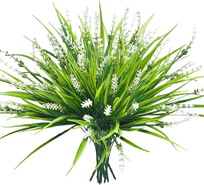 10 Pcs Artificial Plants Outdoor, UV Resistant Fake Outdoor Flowers Plants Faux Plastic Monkey Grass for Outside Front Porch Garden Window Box Home Office Planters Desk Decor (White)
