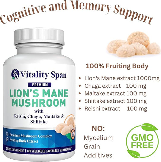 Lions Mane Supplement Capsules - Mushroom Extract: Chaga, Maitake, Reishi & Shiitake Mushrooms | Pure Fruiting Body | Mental Clarity, Focus, Cognitive Support | 120 Veggie Caps