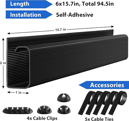 Cable Management Under Desk 94.5in (6X L15.8in) J Channel, ZhiYo Cord Organizer for Desk, Self-Adhesive Cable Organizer, Cord Management Wire Organizers for Cords, Wire Management Cable Raceway Black