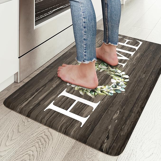 KIMODE Anti Fatigue Kitchen Mat for Floor, 17.3"x29" Farmhouse Kitchen Rug Non Slip, Cushioned Padded Kitchen Floor Mat, Comfort Waterproof Standing Mat for Laundry, Office, Sink, Desk Brown