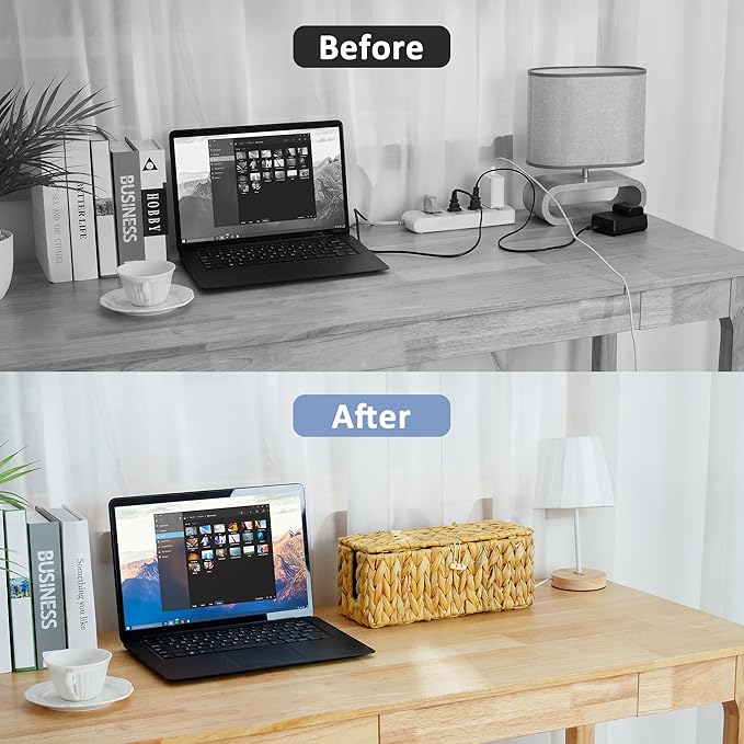 efluky 2 Pack Hand-woven Cable Management Box with Lid, Water Hyacinth Open Slots Cord Box to Hide USB Wire, Power Strip & Charger for Home & Office and Dorm, Natural