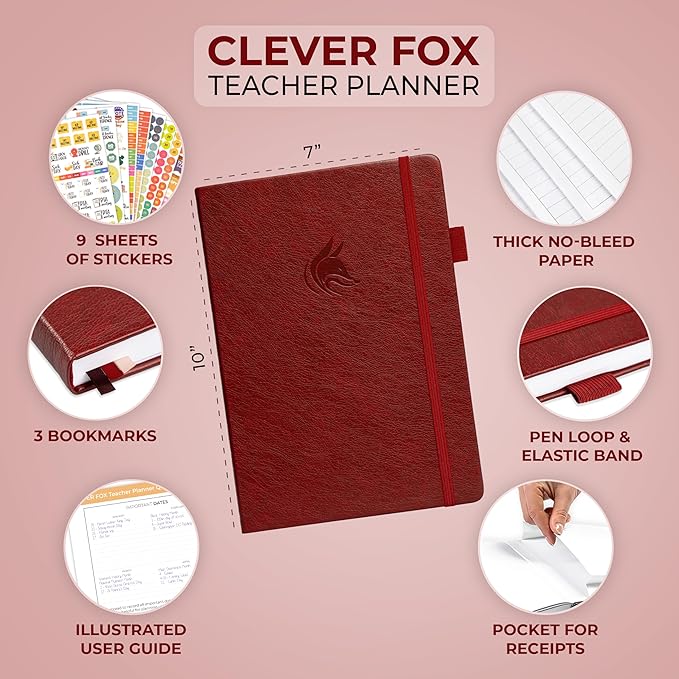 Clever Fox Teacher Planner – School Year Planner with Calendars & Lesson Plans – Teacher Plan Book for Classroom & Homeschool Organization - Undated, 7x10″, Hardcover (Wine Red)