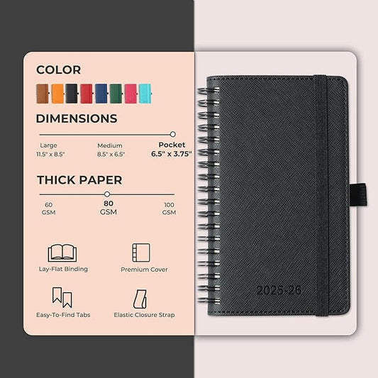 Planner 2025-2026 Daily Weekly and Monthly,6.5"x3.75",18 Months Spiral Bound Calendar Agenda with Self-adhesive Pen Holder,2026 Academic Plan with Vegan Leather Soft Cover,Black
