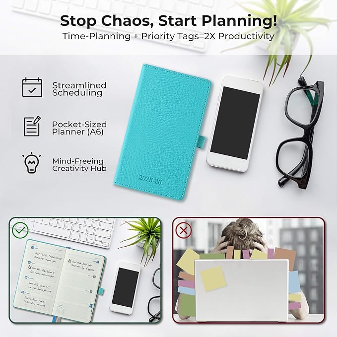 Weekly Monthly 2025-2026 Planner (July 25-Dec 26),6.5"x3.75",18 Months Agenda Plan with Month Tabs & Pocket,Expenses/Note Pages, Academic Calendar with Vegan Leather Cover,Light Blue