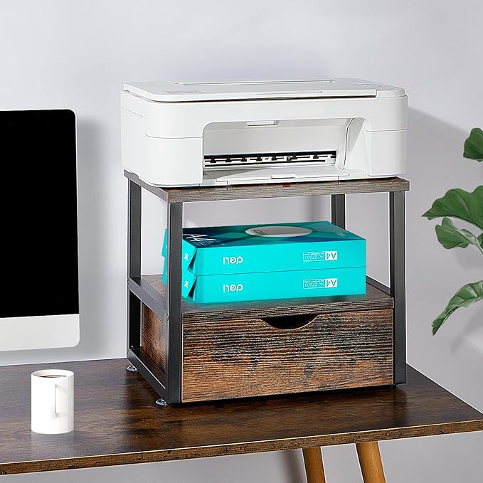 2 Tier Desktop Printer Stand,Printer Stand with Drawers,Printer Shelf for Top of Desk ,Multi-Purpose Desk Organizer for Home Office, Fit Fax Machine, Scanner,Rustic Brown