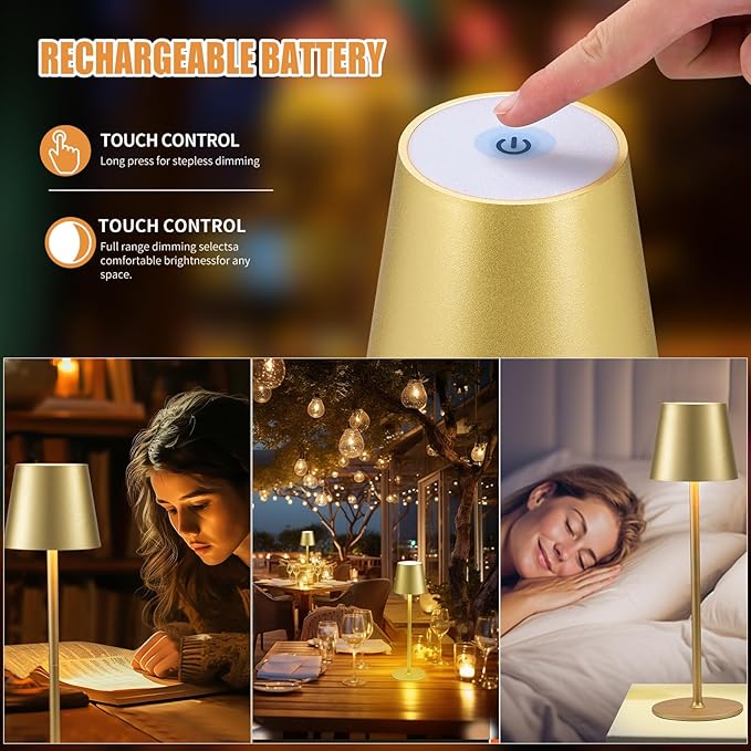 BGFHome Cordless Table Lamp LED Desk lamp,5000mAh Rechargeable Touch Night Light Wireless Minimalist Design for/Restaurant/Bedroom/Bars/Outdoor Party/Camping/Coffee Shop(2 Pack Gold)…