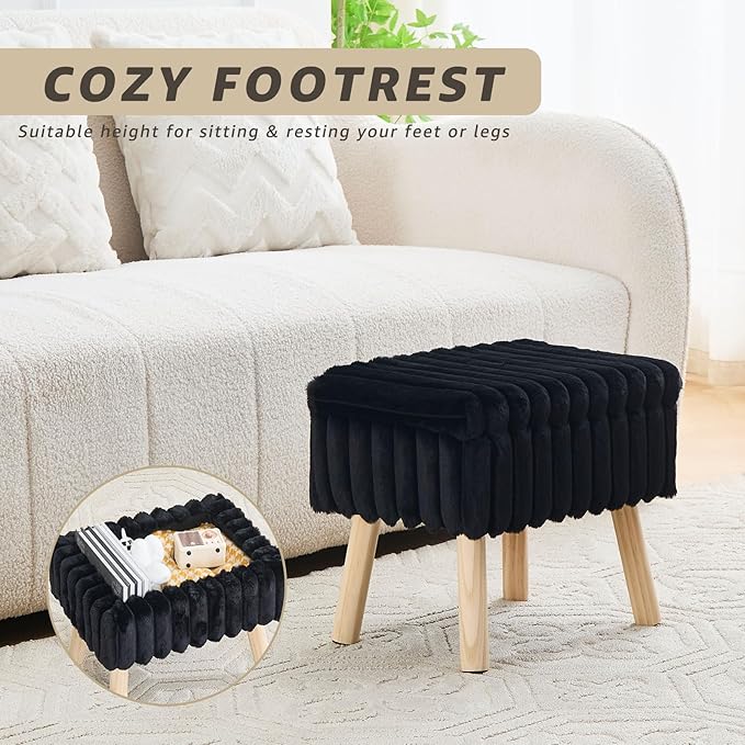 Wimarsbon Storage Ottoman,Soft Faux Fur Footstool with Padded Seat, Small Reading Vanity Chair, Footrest with Wood Tray for Couch, Mini Coffee Table or Display Stand (Black, Rectangular Storage)