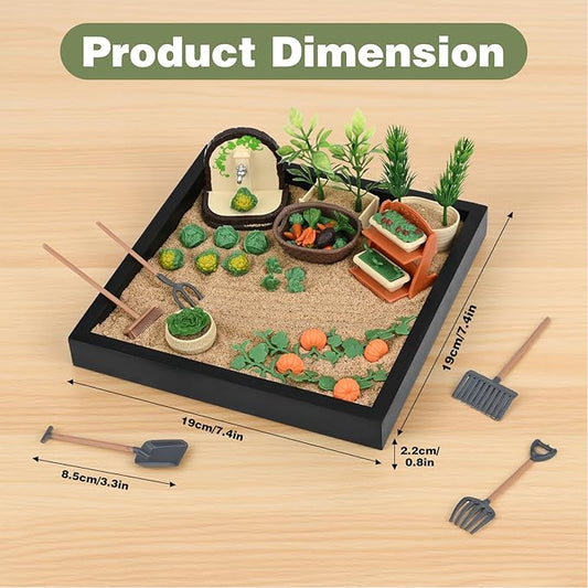 Dreamon Zen Sand Garden for Desk - Vegetable Gardening Themed Sand Tray Therapy Kit with 56 Accessories & Encouragement Cards - Meditation Room & Office Stress Relief Toy - Funny and Novelty Gift Idea