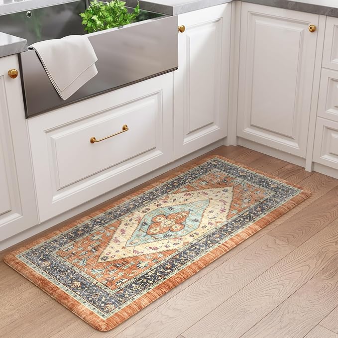 KIMODE Anti Fatigue Kitchen Mats 20"x39", Boho Vintage Kitchen Floor Mats Non Slip, Waterproof Kitchen Mats for Floor, Farmhouse Comfort Standing Mats for Laundry, Office, Sink, Desk Orange