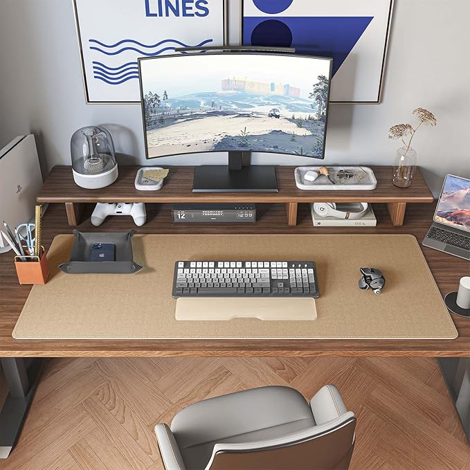 DAWNTREES Dual Sided Desk Mat,Leather Desk Pad,40"x16",Cork Desk Mat Protector,with PU Leather Valet Tray Organizer,Large Mouse Pad,Desk Writing Pad for Office and Home(Dark Gray)