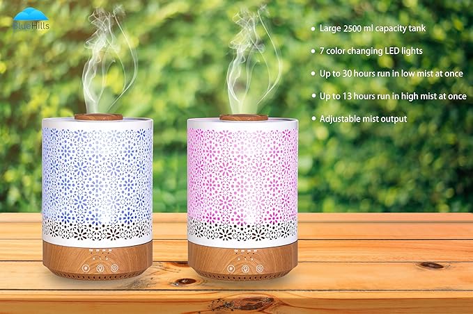 BlueHills 2500 ML Humidifier with Essential Oil Diffuser Combo Aroma Home Décor Design for Large Bed Bath Kids Baby Living Rooms Big Capacity LED Lights Scent Ultrasonic Cool Mist Wood Grain F006