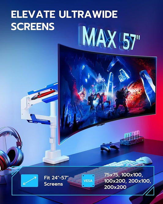 ARES WING Single Monitor Mount, Ultrawide Monitor Arm for 24 to 57 Inch Heavy Duty Curved Screen, Adjustable Gas Spring Monitors Arm Stand up to 66LBS with 75/100/200 Vesa Mount, White