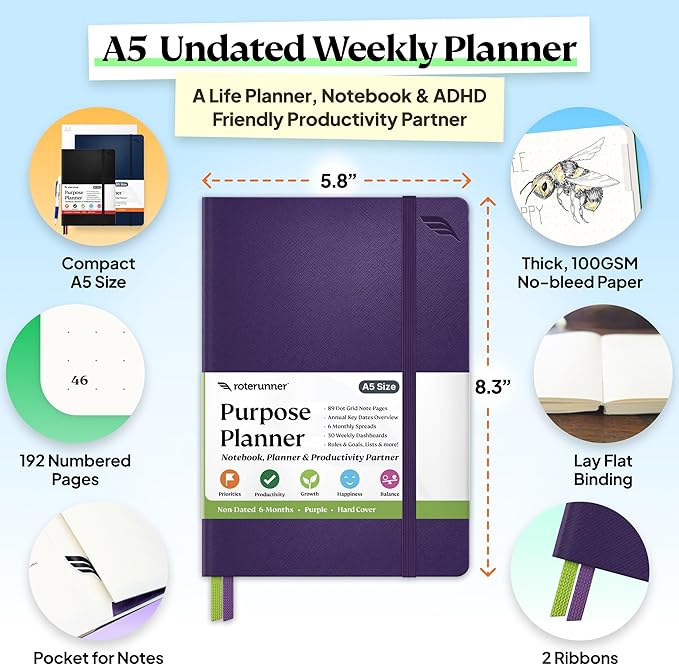 Roterunner Purpose Planner Notebook A5 5.8”x8.3” Undated 2025 Daily Weekly and Monthly Productivity Goal Setting Tool for Work Home ADHD Planner for Adults Self Care Journal (Purple Hardcover)