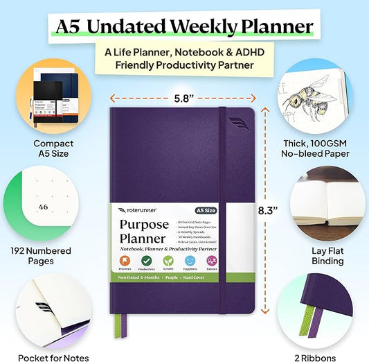 Roterunner Purpose Planner Notebook A5 5.8”x8.3” Undated 2025 Daily Weekly and Monthly Productivity Goal Setting Tool for Work Home ADHD Planner for Adults Self Care Journal (Purple Hardcover)