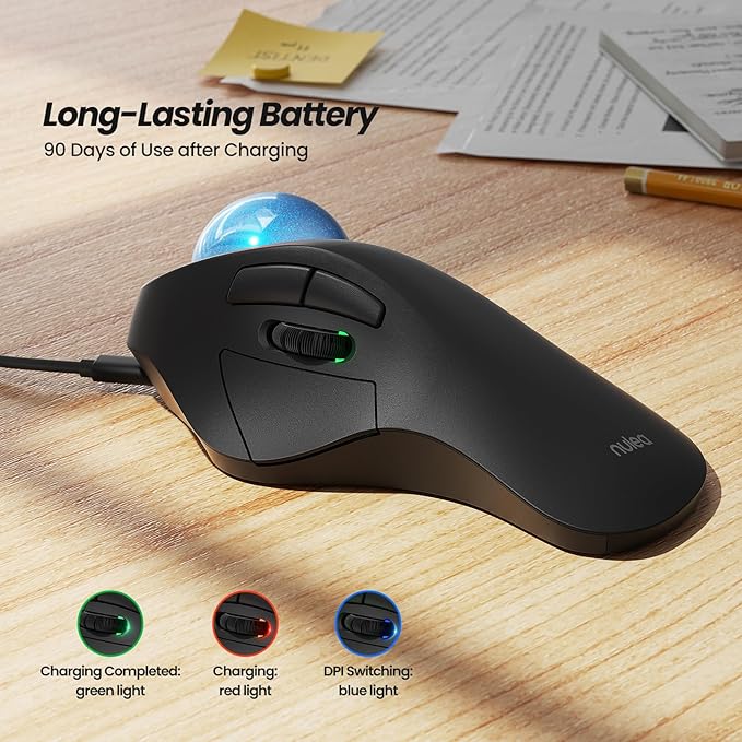 Nulea Wireless Ergonomic Trackball Mouse, Rechargeable, Bluetooth Rollerball Mouse, 44mm Index Finger Trackball, 5 Adjustable DPI, Compatible with PC, Laptop, iPad, Mac, Windows, Android