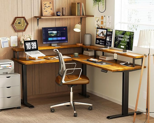 AODK Electric L Shaped Standing Desk, 59 Inch Height Adjustable Stand Up Desk with Power Outlets & Full Monitor Stand, Reversible Corner Desk for Home Office & Computer Workstation, Rustic Brown