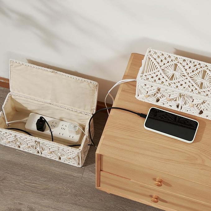 Cable Management Box Handmade Macrame Cord Storage Organizer Power Strips Outlet Router Adapter TV Wire Hider Cover Under Desk Natural Cotton Rope Woven Boxes with Lid (Off White, Medium)