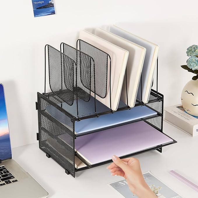 Desk Organizers and Accessories, 3-Tier Paper Organizer with 5 Vertical File Holders, File Folder Organizer (Black, 3T)
