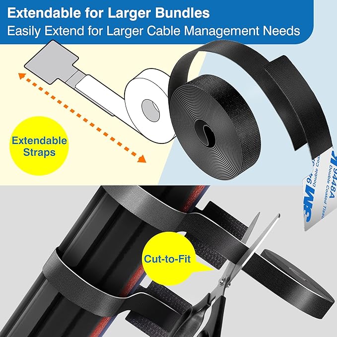 Cable Management Kit – 40 Self-Adhesive Hook and Loop Ties with 2 Extension Straps – Made with 3M Tape, Back-Sticky Cord Organizer for Under Desk, Wall, Home, Office – Adjustable Wire Holders (Black)