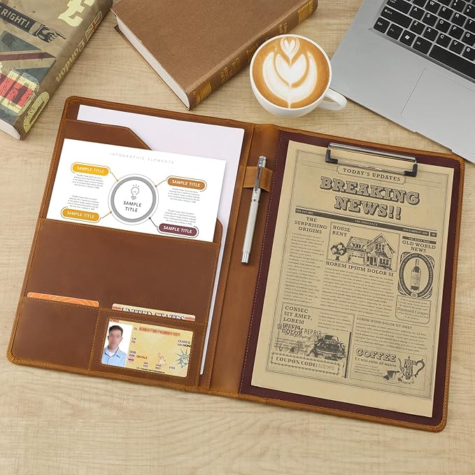 Jack&Chris Leather Portfolio, A4 Document Folder Legal Pad Padfolio, Professional Writing Letter Notepad Clipboard Sleeve Organizer, Resume Folio Binder for Men&Women,JC1823