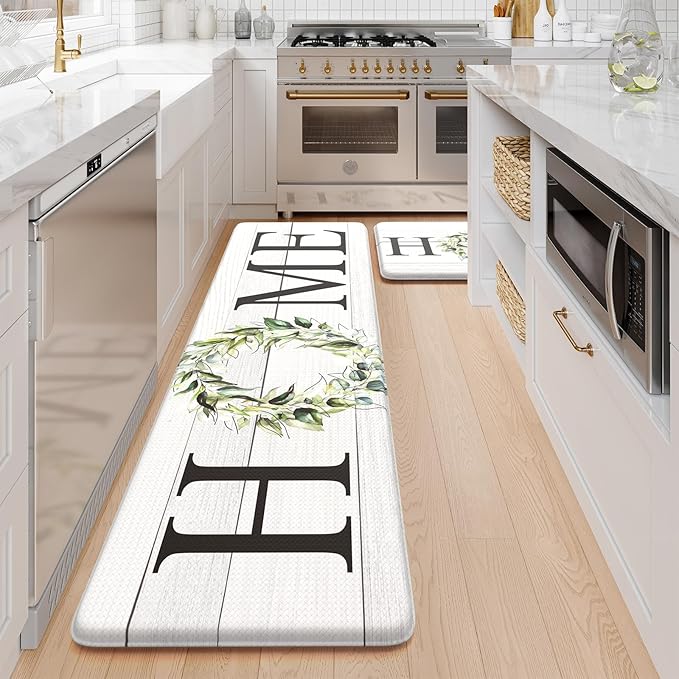 KIMODE Farmhouse Kitchen Mat 2PCS Anti Fatigue Kitchen Runner Rug Sets Non-Skid Waterproof Kitchen Floor Mat Cushioned Comfort Foam Standing Mat for Office,Laundry,Sink,Home