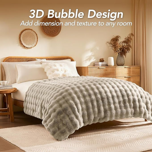L'AGRATY Faux Rabbit Fur Blanket: 90" x 90" Queen Luxury Soft Fluffy Thick Fur Throw Blanket for Couch Bed Sofa - Cozy Plush Bubble Blankets for Winter: Flannel Fleece Decorative Blanket(Castle Grey)