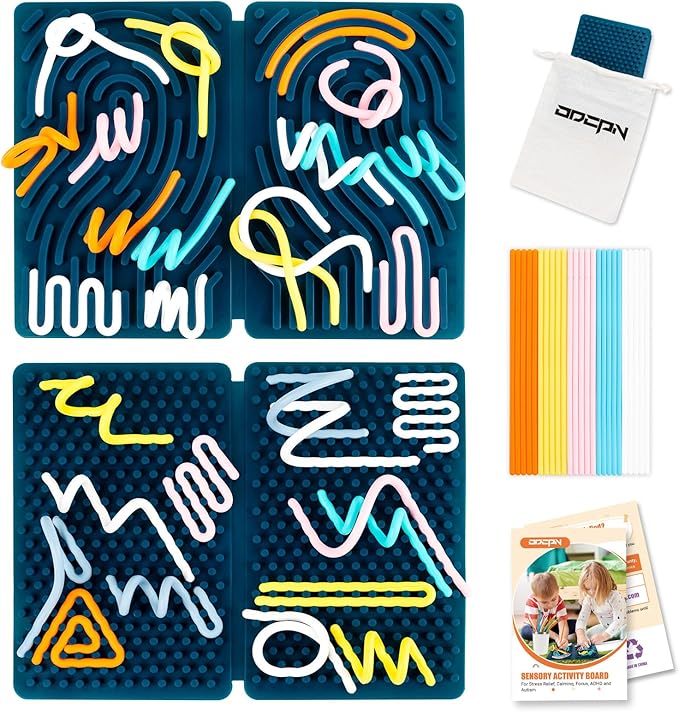 Sensory Activity Board, Four-Sided Silicone Sensory Fidget Toy, Promotes Parent-Child, Suitable for Autism, Calming, ADHD, Great for Children 3+ & Adults, Includes Portable Travel Bag and 25 Strings