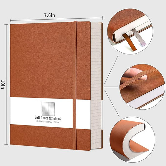AHGXG College Ruled/Lined Notebook - 320 Numbered Pages B5 Lined Journal, 100gsm Thick Paper, Faux Leather Softcover, Inner Pocket, 7.6'' X 10''-Brown