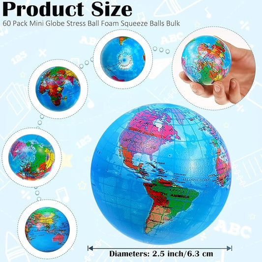 60 Pcs Globe Squeeze Balls Bulk,2.5 inch Earth Stress Relief Balls,Soft Foam Stress Ball Toy for Finger Exercise, Foam Squeezable Balls Classroom School Office Party Favors