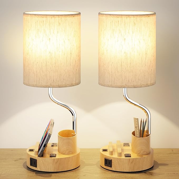 Bedside Table Lamps for Bedroom Set of 2 - Nightstand Light with AC Outlet and USB A & C for Charging, 3 Color Temperatures Wood Desk Lamp with Pen Holder & Phone Stand for Living Room/Dorm/Office