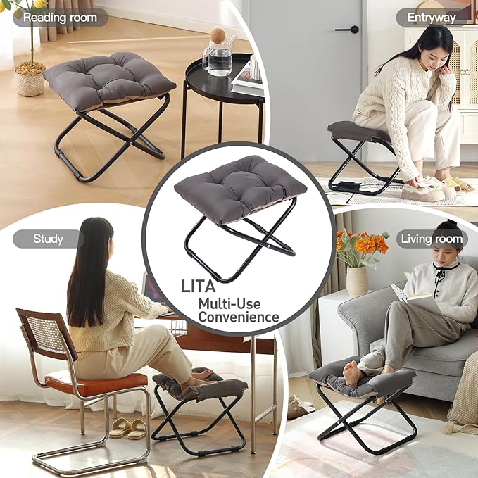 LITA Folding Upholstered Footrest Stool with Straight & Square Shape, Dark Grey
