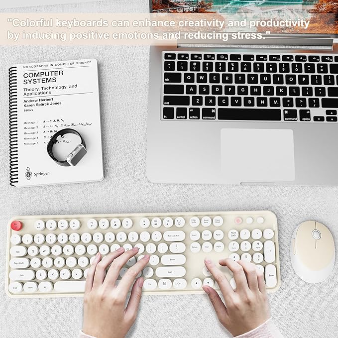 Wireless Keyboard and Mouse Combo, Ergonomic Full Size Typewriter Retro Round Keycaps Keyboard, Compatible with Windows, PC, Perfer for Home and Office Keyboards (Beige