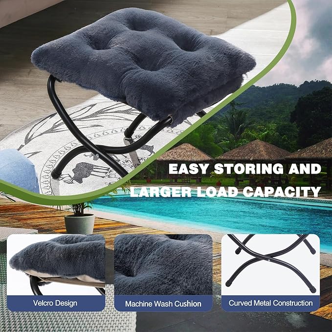 15" Foldable Foot Stool Ottoman with Metal Frame - Washable Faux Fur Navy Upholstered Indoor/Outdoor Footrest for Living Room, Bedroom, Patio - Space-Saving Compact Design