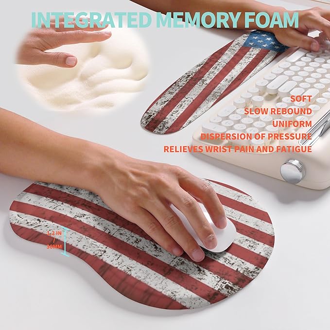 2-in-1 Ergonomic Set, Wave Rise Keyboard Wrist Rest and Massage Bulge Slope Mouse Pad Wrist Support, Cushion Memory Foam Integrated to Relieve Wrist Pain, American Flag