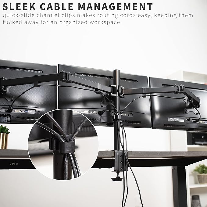 VIVO Triple Monitor Adjustable Desk Mount, Articulating Tri Stand, Holds 3 Screens up to 24 inches, Black, STAND-V003Y