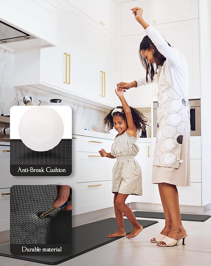 Anti-Fatigue Kitchen Mat Set – 2-Piece Memory Foam Cushioned Mats for Standing – Black, 18×30 & 18×60, 0.4 in Thick, Waterproof, Non-Slip – Homergy