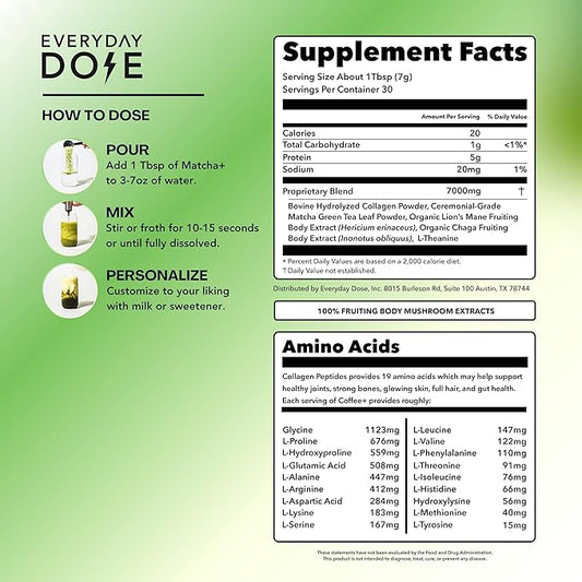 Everyday Dose Mushroom Matcha+ Ceremonial Grade Matcha Powder - Japanese Tea With Grass-Fed Collagen, Lion's Mane, Chaga, L-Theanine - For Better Focus, Energy, Digestion and Immunity - 30 Servings