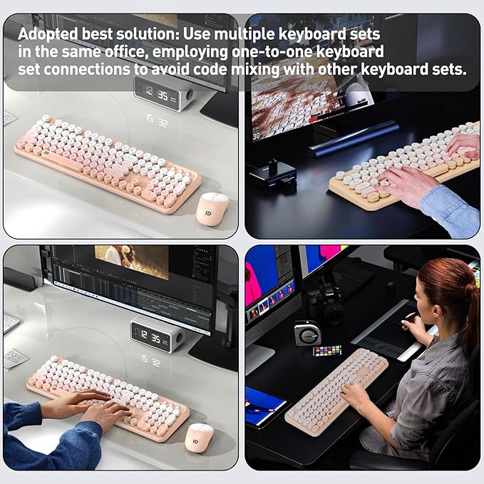 FOPETT 2.4GHz Wireless Keyboard and Mouse Set with Switch Button - Full-Size Keyboard - Compatible for Windows/Laptop/PC/Notebook/Smart TV and More - Pink