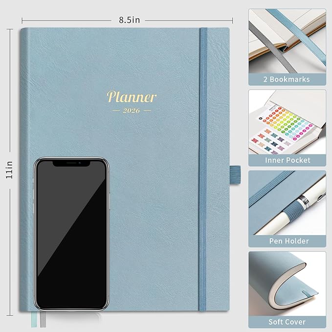 AHGXG 2026 Planner, Weekly and Monthly Planner 2026-2027, Large A4 8.5"x11", Calendar 15-Months Jan 2026 - Mar 2027, Vegan Leather SoftCover, Inner Pocket, Gray Blue