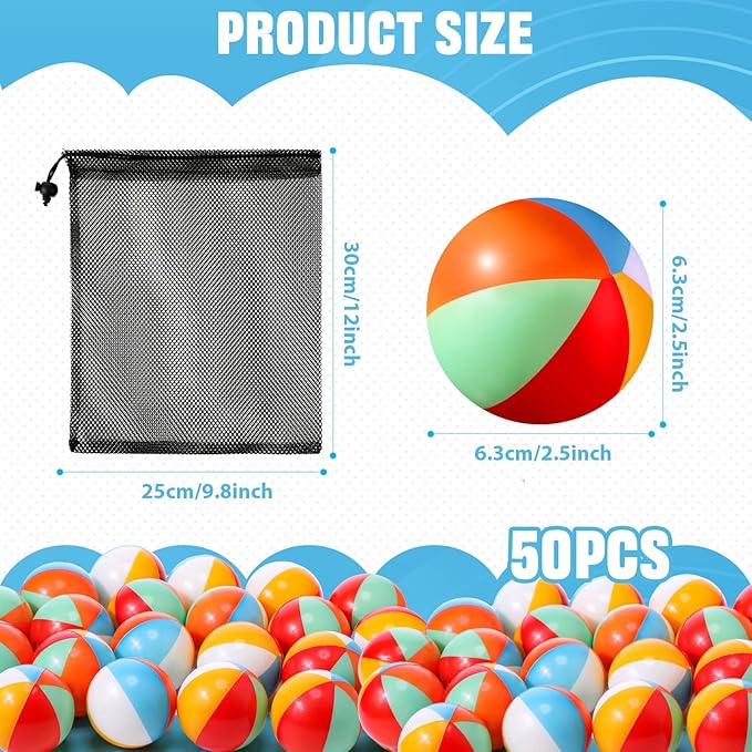 Hungdao 50 Pcs Beach Stress Balls 2.5 Inch Mini Beach Ball Stress Ball Relief Stress Ball Swimming Pool Game Toy Foam Sports Ball with Storage Bag for School Carnival Reward Birthday Party (Rainbow)