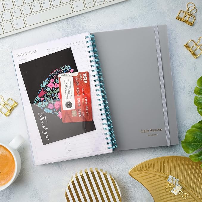 Daily Planner Undated, Asten To Do List Notebook Hourly Schedules Spiral Appointment Planner for Men and Women,PVC Hardcover,Elastic Closure, Inner Pocket 8.3" x 5.8" (Gray)