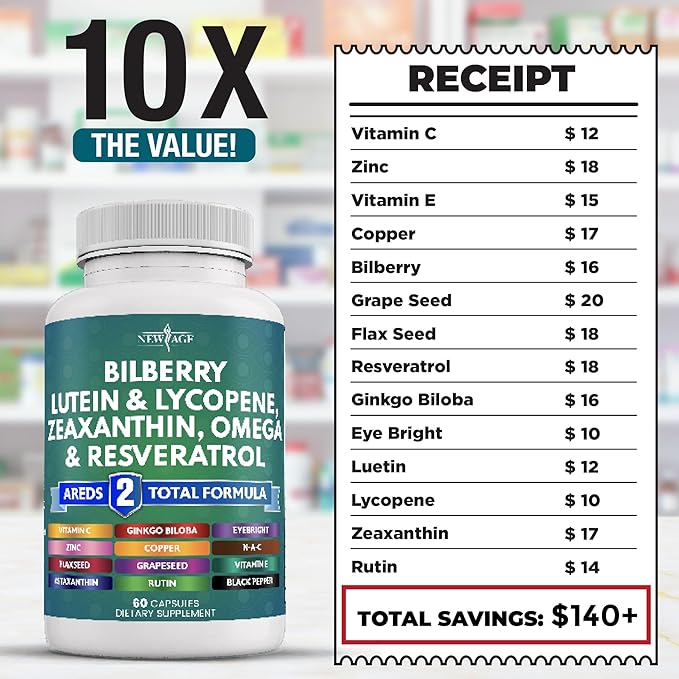 NEW AGE Eye Health Vitamins with Bilberry Lutein & Zeaxanthin Lycopene Resveratrol Grape Seed Astaxanthin - Eye Vitamin - 60 Count