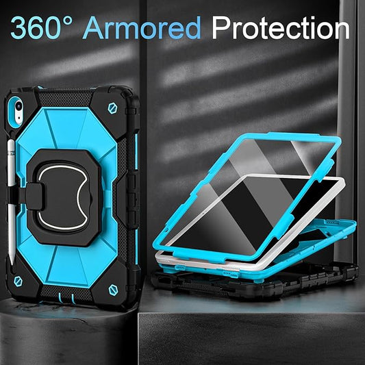 Case for iPad (A16)11th /10th Generation 11/10.9 Inch 2025/2022 with Screen Protector Rotating Stand Shoulder Strap Pencil Holder,Military Grade Shockproof iPad Case 10th Generation,Black Blue
